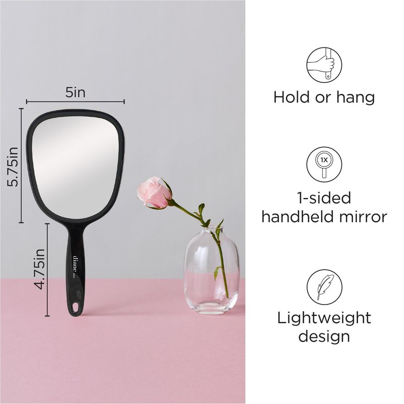 Diane Standard 1X Magnification Hand Mirror, Single Sided Hand Held Mirror with Handle for Salon, Barber, Grooming, Vanity, Shaving, and Travel, Medium, 5" x 11", Black