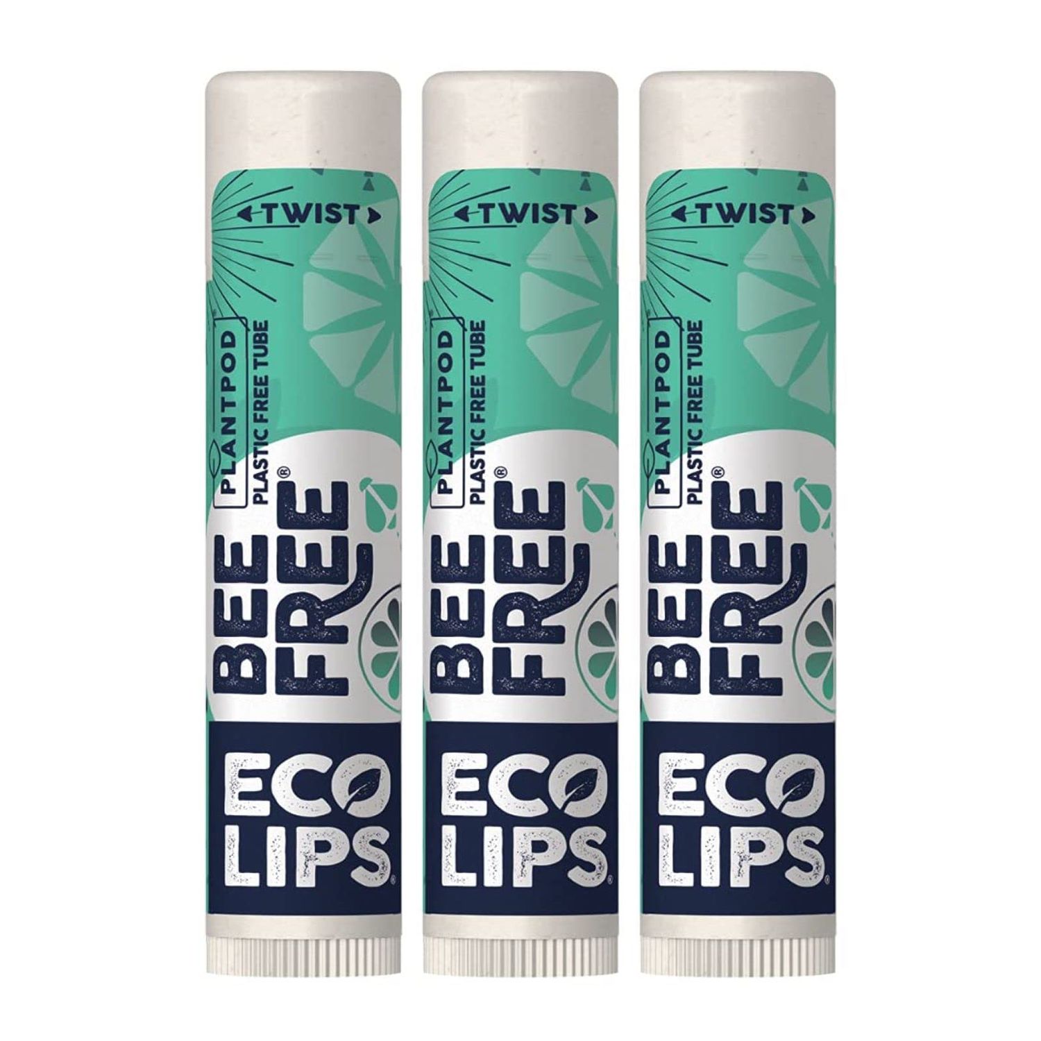 Vegan Lip Balm Sweet Mint by Eco Lips flavor 3 Pack Natural Bee Free with Candelilla Wax, Organic Cocoa Butter, &amp; Coconut Oil Lip Care. 100% Plastic-Free Plant Pod Packaging - Made in USA