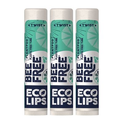 Vegan Lip Balm Sweet Mint by Eco Lips flavor 3 Pack Natural Bee Free with Candelilla Wax, Organic Cocoa Butter, &amp; Coconut Oil Lip Care. 100% Plastic-Free Plant Pod Packaging - Made in USA
