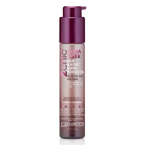 GIOVANNI 2chic Ultra-Sleek Hair Super Body Potion - Brazilian Phyto-Keratin, Moroccan Argan Oil for Hair, Smoothing &amp; Nourishing Formula, Hair Oil Serum, Helps Reduce Frizz - 1.8 oz