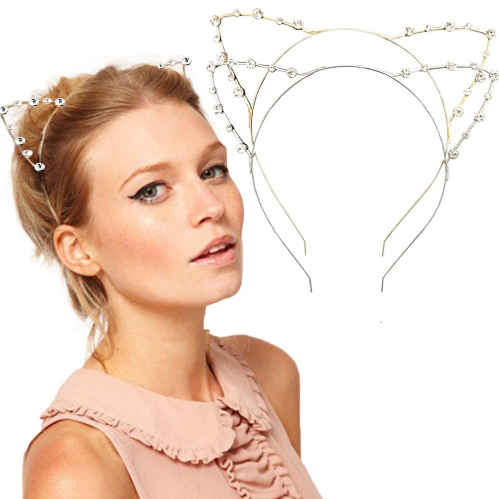 DRESHOW Rhinestone Cat Ears Headbands Kitty Crystal Hair Band for Girls and Women Pack of 2 Silver Gold Rhinestone Gold Sliver One Size