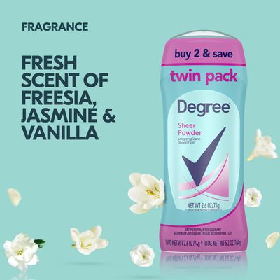 Degree Antiperspirant Deodorant 48-Hour Sweat and Odor Protection Sheer Powder Antiperspirant for Women 2.6 oz, 6 Twin Packs