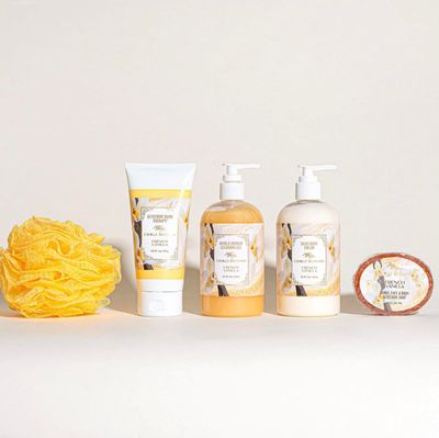 Camille Beckman Essentials Gift Basket, French Vanilla, Glycerine Hand Therapy 6 oz, Silky Body Cream 13 oz, Hand and Shower Cleansing Gel 13 oz, Glycerine Soap 3.5 oz