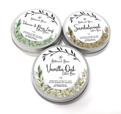 Men&#39;s Lotion Bar Set - 3 Lotion Bars 1oz Each - Sandalwood Lotion, Vanilla Oak Lotion, and Tobacco and Bay Leaf Lotion