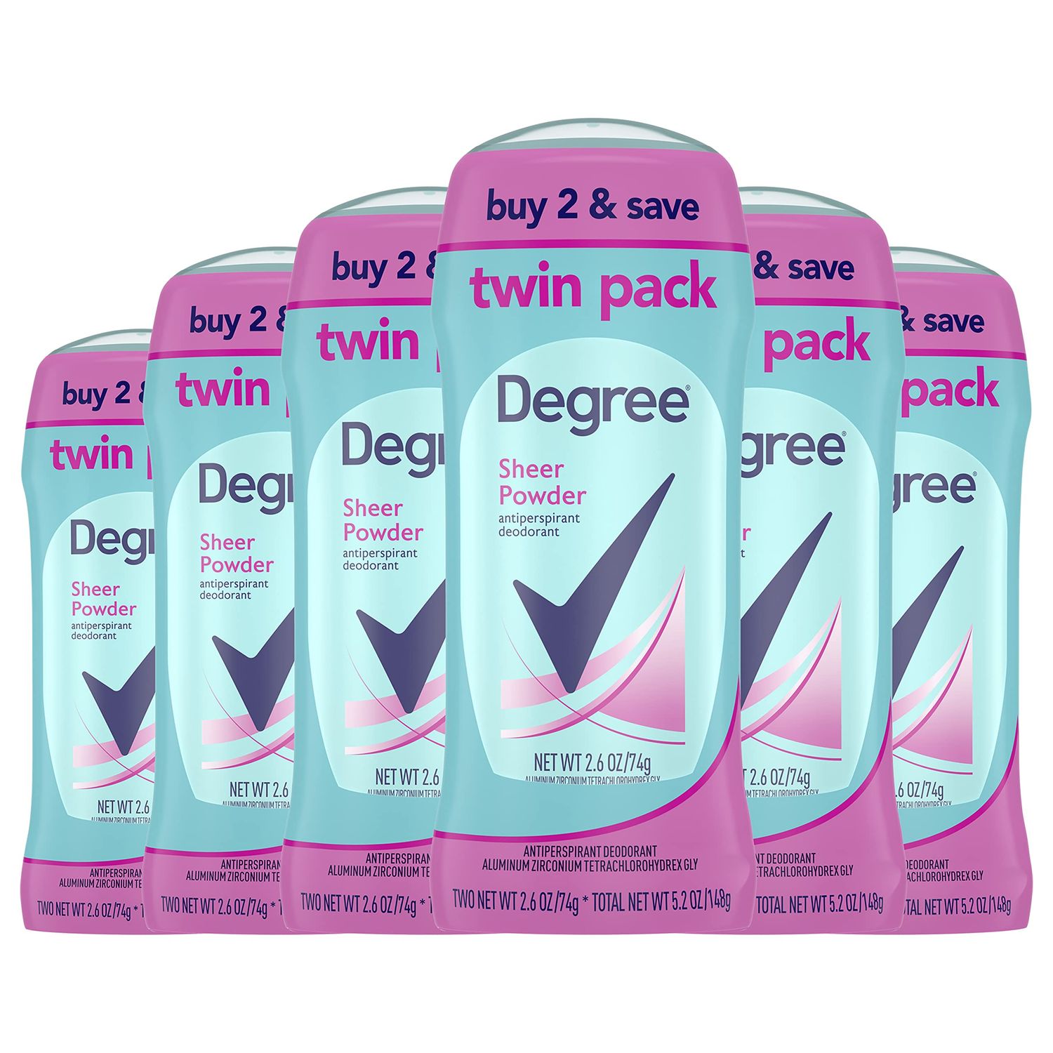 Degree Antiperspirant Deodorant 48-Hour Sweat and Odor Protection Sheer Powder Antiperspirant for Women 2.6 oz, 6 Twin Packs