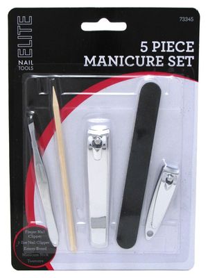 5 Piece Manicure Pedicure Set - Includes Bamboo Sticks, Emery Board, Stainless Steel Nail and Toe Clippers, Cuticle Remover