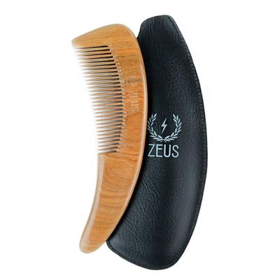 ZEUS Sandalwood Boomerang Beard Comb with Sheath, Large Curved Wooden Beard &amp; Hair Comb in Gift Box (M31)