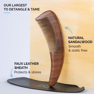 ZEUS Sandalwood Boomerang Beard Comb with Sheath, Large Curved Wooden Beard &amp; Hair Comb in Gift Box (M31)