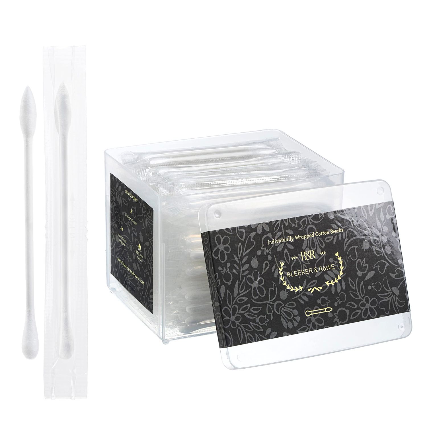 Pointed Q Tips Qtip Bleeker and Rwe Individually Wrapped Cotton Swabs 180 Count - Chlorine &amp; Oil Free - Recyclable &amp; Biodegreadable - Perfect for Travel Makeup