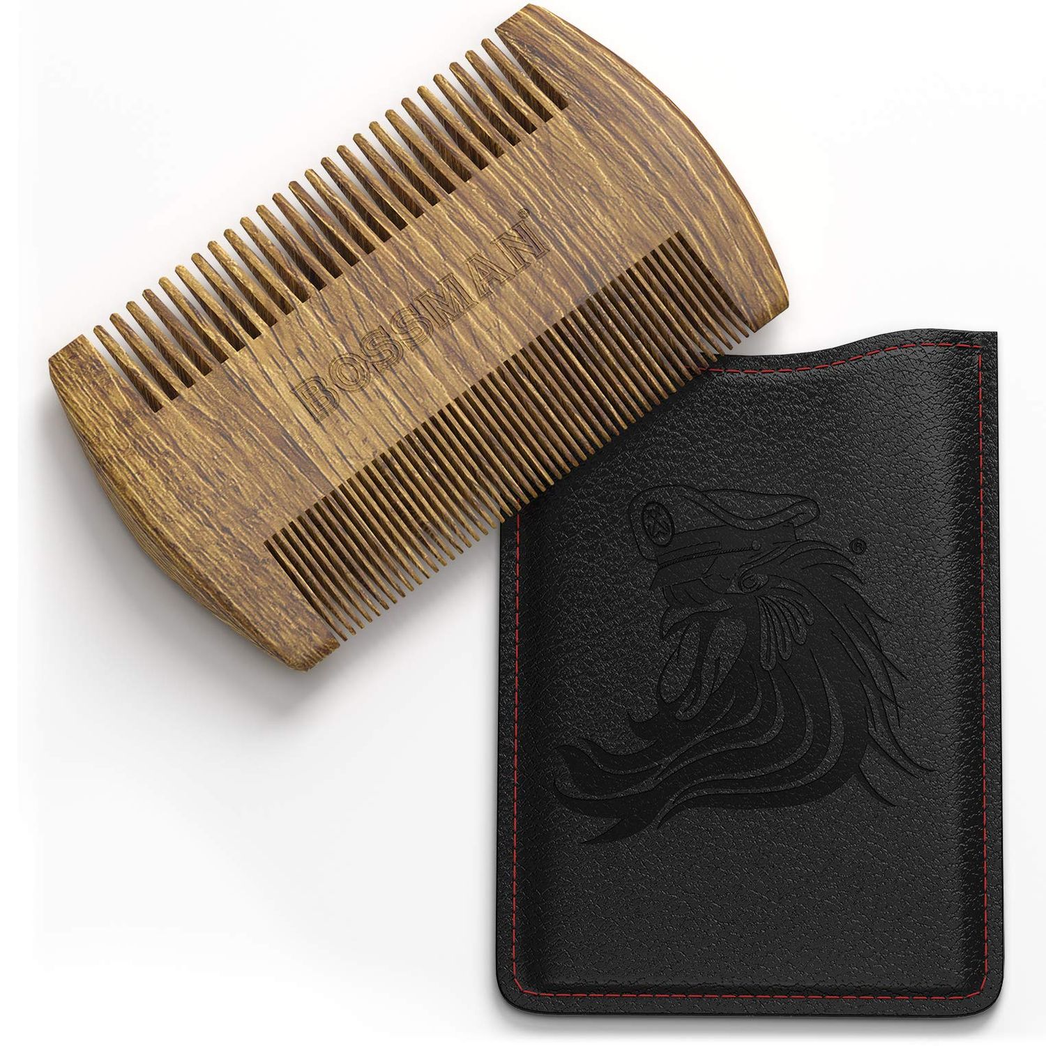 Bossman Pocket Size Sandalwood Comb with Protective Case - Fine and Wide Tooth for Beard, Mustache, and Hair Shaping Tool