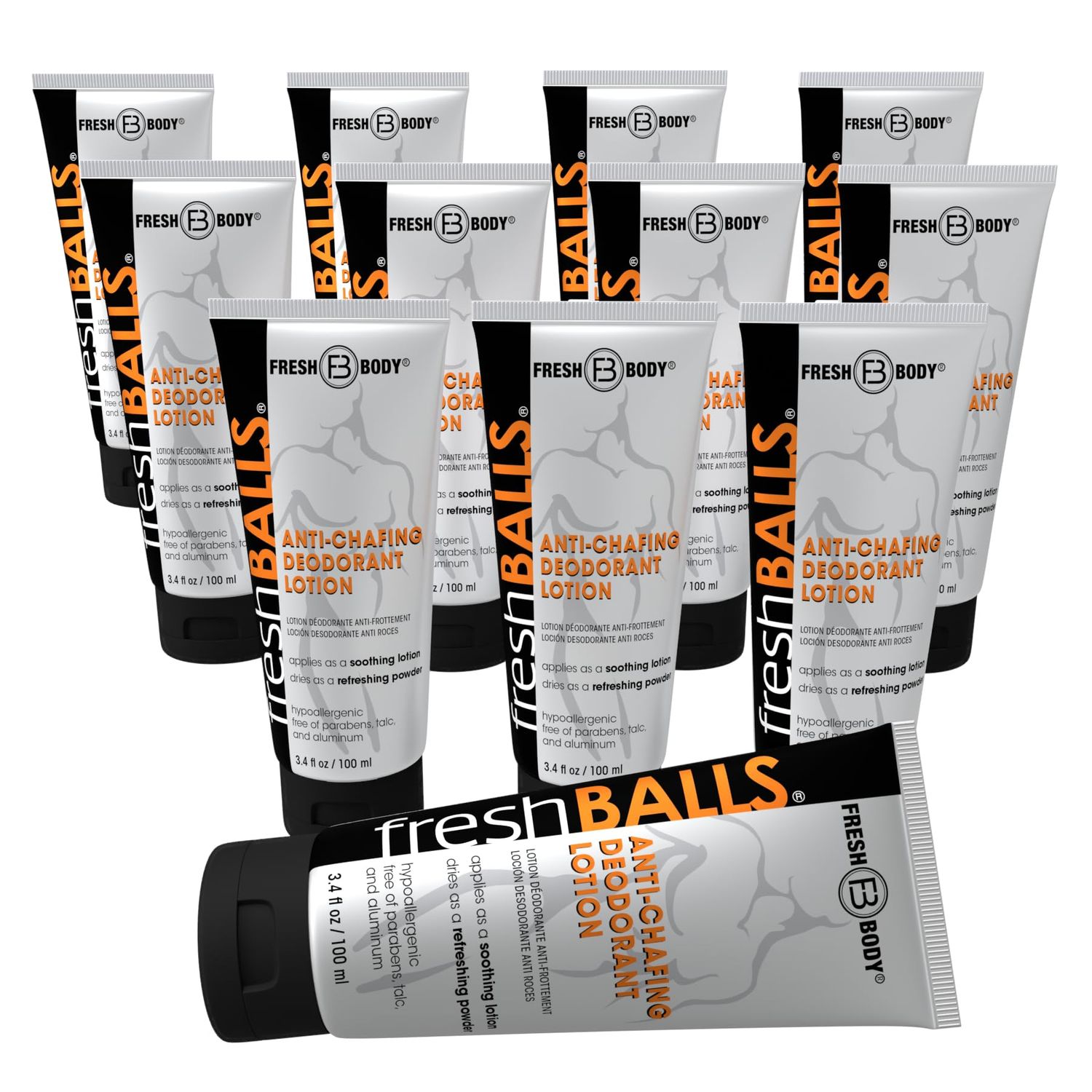 Fresh BALLS Lotion - Men&#39;s Anti-Chafing Soothing Cream to Powder - Ball Deodorant and Hygiene for Groin Area, 3.4 fl oz (Pack of 12)