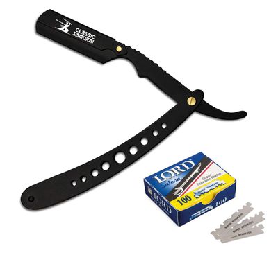 Classic Samurai New Ergonomic Design Stainless Steel Professional Folding Straight Edge Barber Razor Shavette Manual Shaver with 100 Lord Single Blades (Matte Black + 100 Lord Blades)