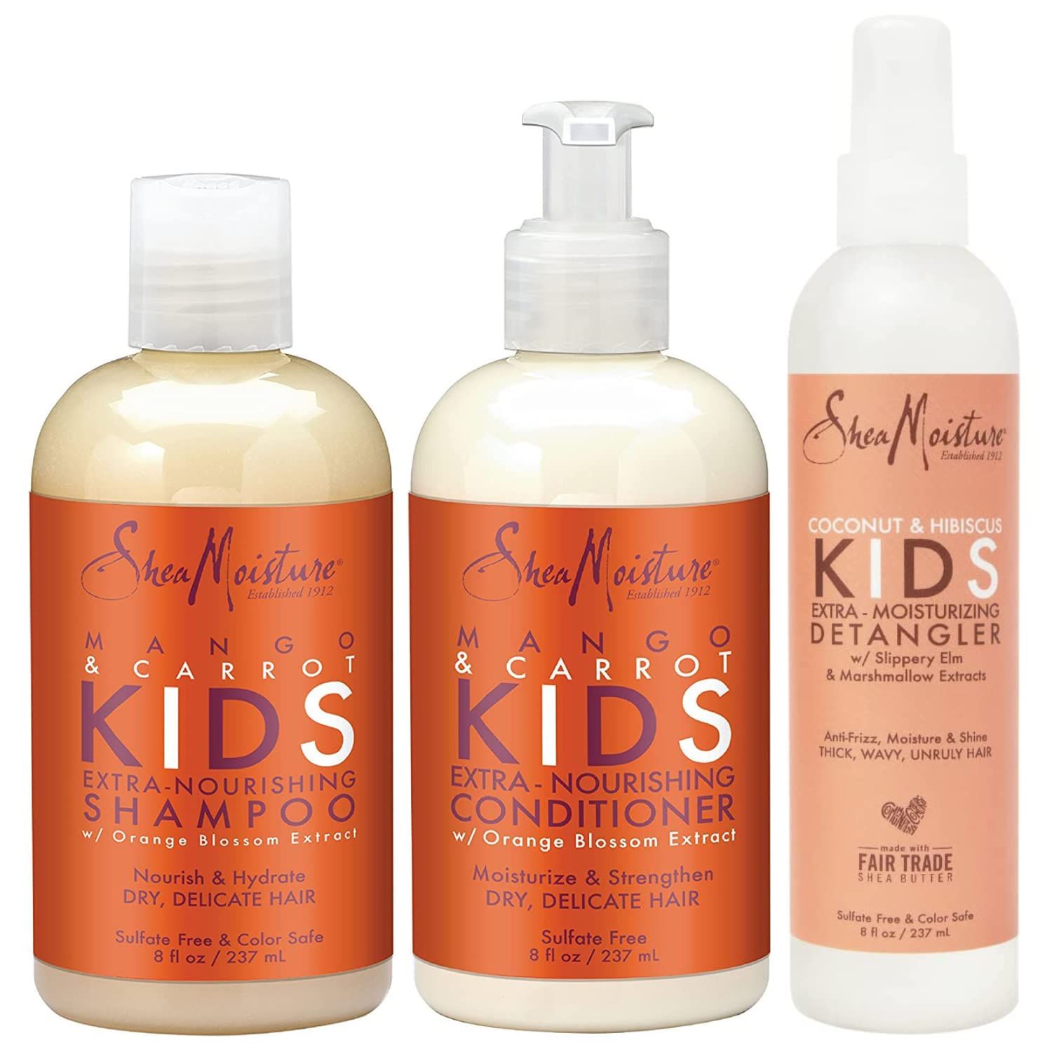 SheaMoisture KIDS Shampoo and Conditioner Set, Extra-Nourishing Mango &amp; Carrot + Coconut &amp; Hibiscus Detangler Spray for KIDS, 8 Fl Oz (3 Piece Set)