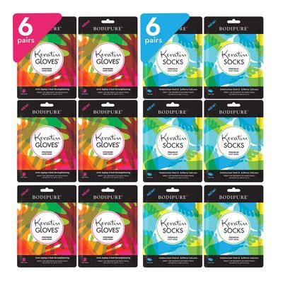 Bodipure Premium Hand and Foot Mask | Moisturizing Kertain Gloves &amp; Socks | Hydrating Dull Dry Hands, Cracked Heels, Callus Softening &amp; Nail Strengthening | Chemical-Free Feet Treatment | (6+6 Pack)