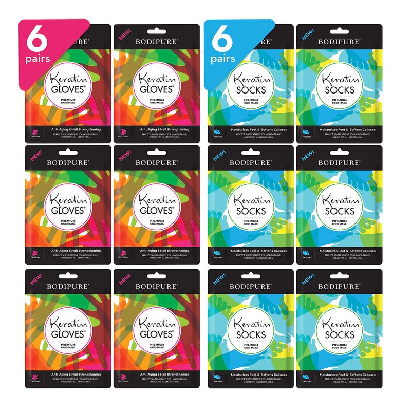 Bodipure Premium Hand and Foot Mask | Moisturizing Kertain Gloves &amp; Socks | Hydrating Dull Dry Hands, Cracked Heels, Callus Softening &amp; Nail Strengthening | Chemical-Free Feet Treatment | (6+6 Pack)