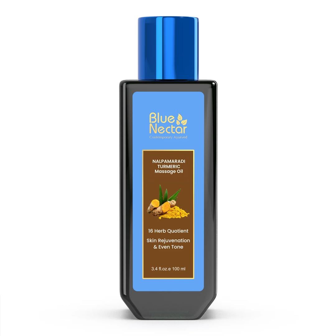 Blue Nectar Nalpamaradi Tailam Skin Radiance Oil with Turmeric | Plant Based Body Oil and Face Oil Infused with Turmeric, Amla and Manjistha (16 Herbs, 3.38 Fl Oz)