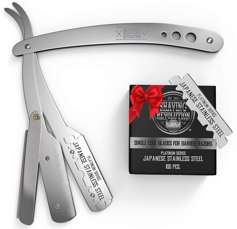 Straight Edge Barber Razor for Close Shaving - Professional Straight Blade Razor for Men with 100 Single Edge Blades- Mens Straight Razor Kit