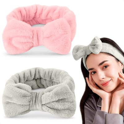 LEGLO 2Pcs Hairband for Women - Bow Headbands for Women&#39;s Hair Spa, Makeup Headband for Washing Face, Cosmetic Headband, Shower Hair Bands for Gym (Pink, Gray)