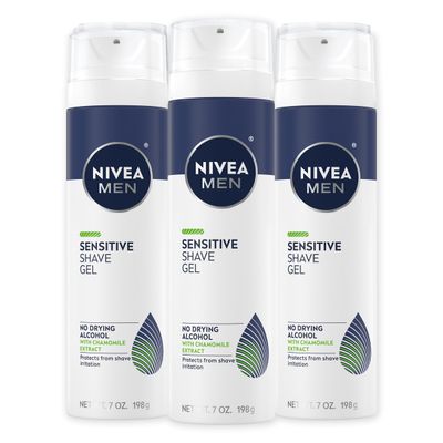 NIVEA MEN Sensitive Shave Gel with Vitamin E, Soothing Chamomile and Witch Hazel Extracts, No Drying Alcohols, 3 Pack of 7 Oz Cans