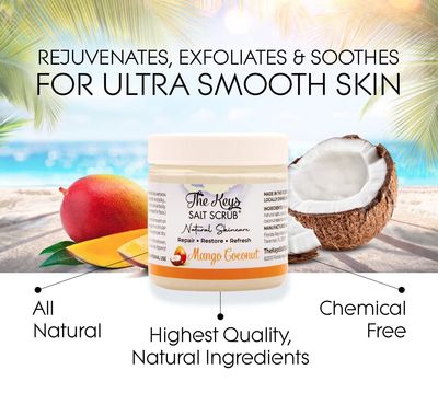 The Keys | Mango Coconut Sea Salt Scrub - Natural Exfoliating Body Scrub with Wooden Spoon, Organic Moisturizing Exfoliator for Face, Hand, Foot, Bath, Manicure/Pedicure &amp; Bikini Area (3 pack 3.4 oz)