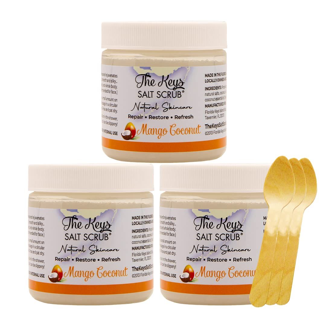 The Keys | Mango Coconut Sea Salt Scrub - Natural Exfoliating Body Scrub with Wooden Spoon, Organic Moisturizing Exfoliator for Face, Hand, Foot, Bath, Manicure/Pedicure &amp; Bikini Area (3 pack 3.4 oz)
