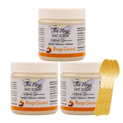 The Keys | Mango Coconut Sea Salt Scrub - Natural Exfoliating Body Scrub with Wooden Spoon, Organic Moisturizing Exfoliator for Face, Hand, Foot, Bath, Manicure/Pedicure &amp; Bikini Area (3 pack 3.4 oz)