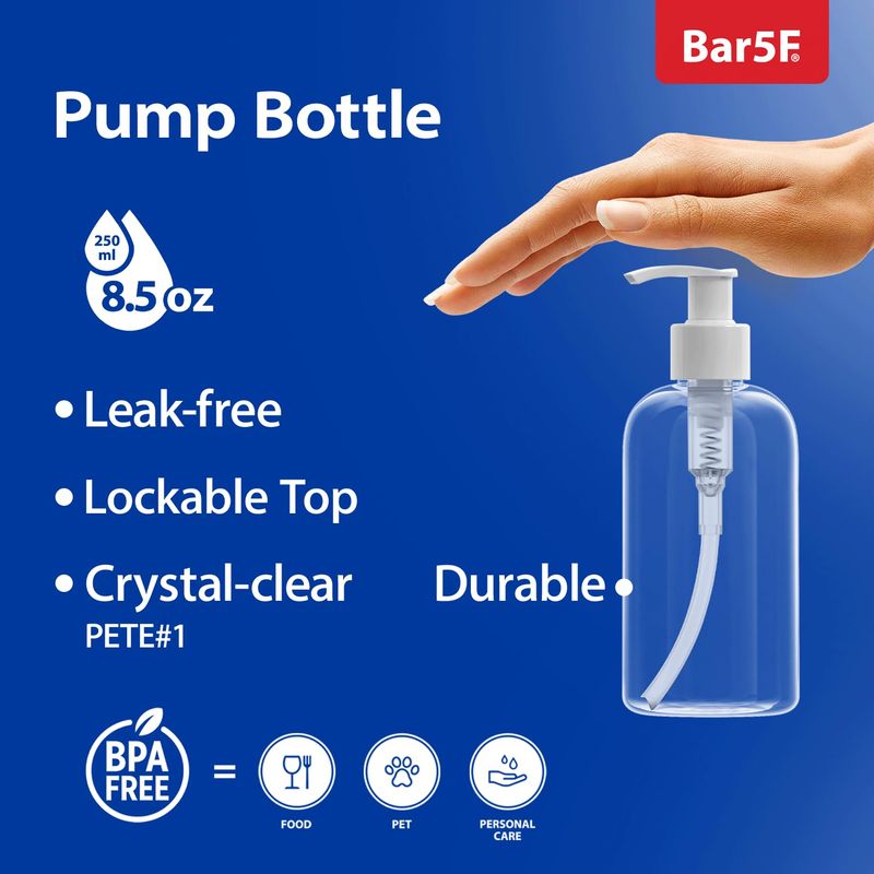 Bar5F Plastic Bottles with Pump Dispenser, 8 oz | Leak Proof, Empty, Clear Refillable, BPA Free for Body Wash, Moisturizer, Face Cream, Liquid Soap | Black &amp; White Pumping Caps | Set of 2