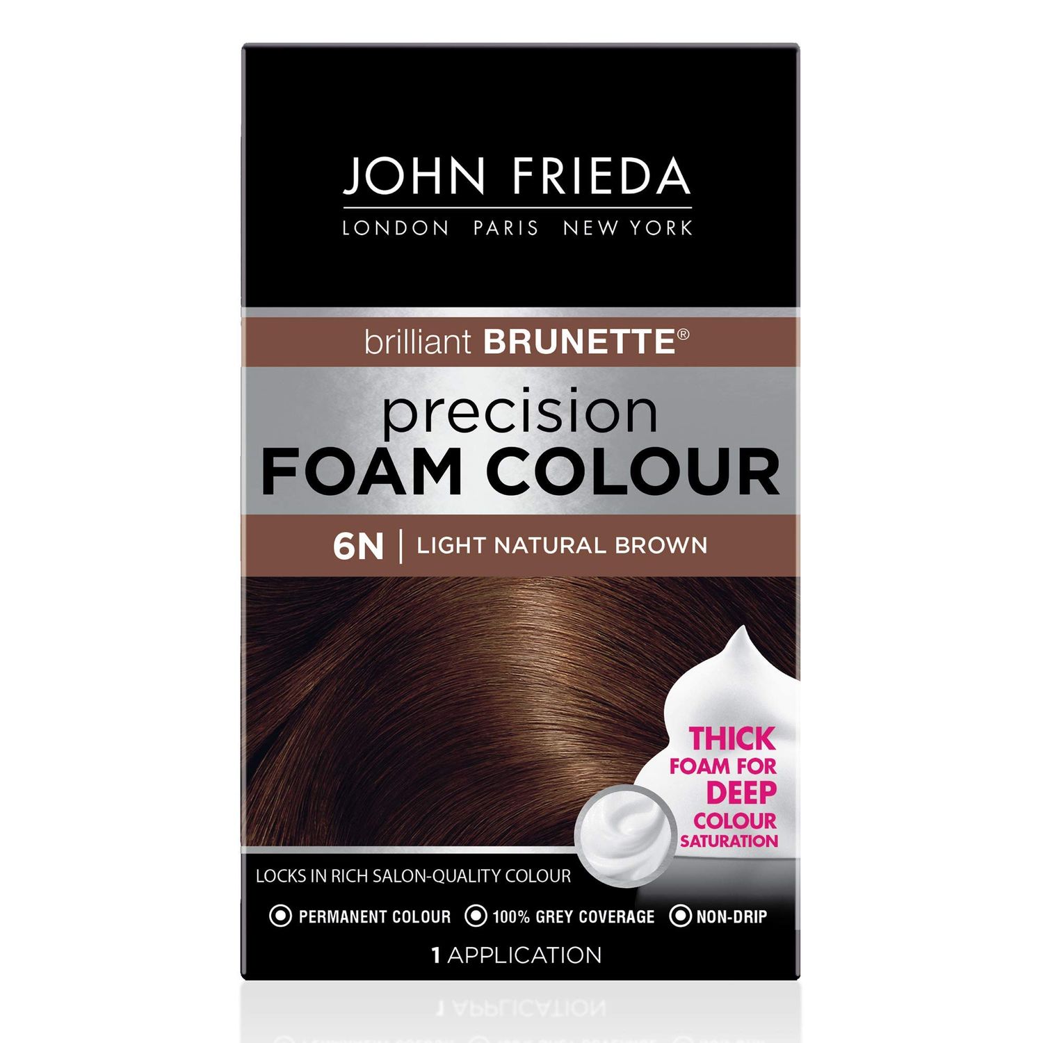 John Frieda Precision Foam Colour, Light Natural Brown 6N, Full-Coverage Hair Color Kit, Anti-Fade Gray Coverage, Deep Color Saturation Hair Dye, 1 Application
