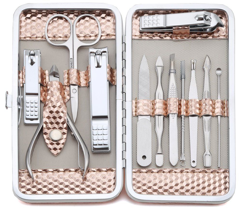 Manicure Set Professional Nail Clippers Kit Pedicure Care Tools- Stainless Steel Grooming Kit 12Pcs for Travel or Home (Rose Gold)