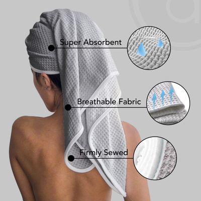 Microfiber Hair Towel Wrap for Women - Extra Large 45 x 25" Hair Towels for Long Hair - Anti Frizz Breathable Quick Dry Towel for Wet, Curly, Straight, with Elastic Loop - Waffle Knit Towels - Grey