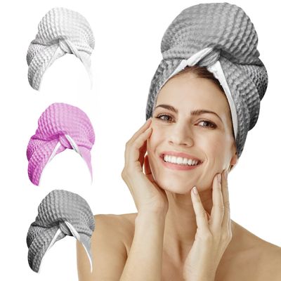 Microfiber Hair Towel Wrap for Women - Extra Large 45 x 25&quot; Hair Towels for Long Hair - Anti Frizz Breathable Quick Dry Towel for Wet, Curly, Straight, with Elastic Loop - Waffle Knit Towels - Grey