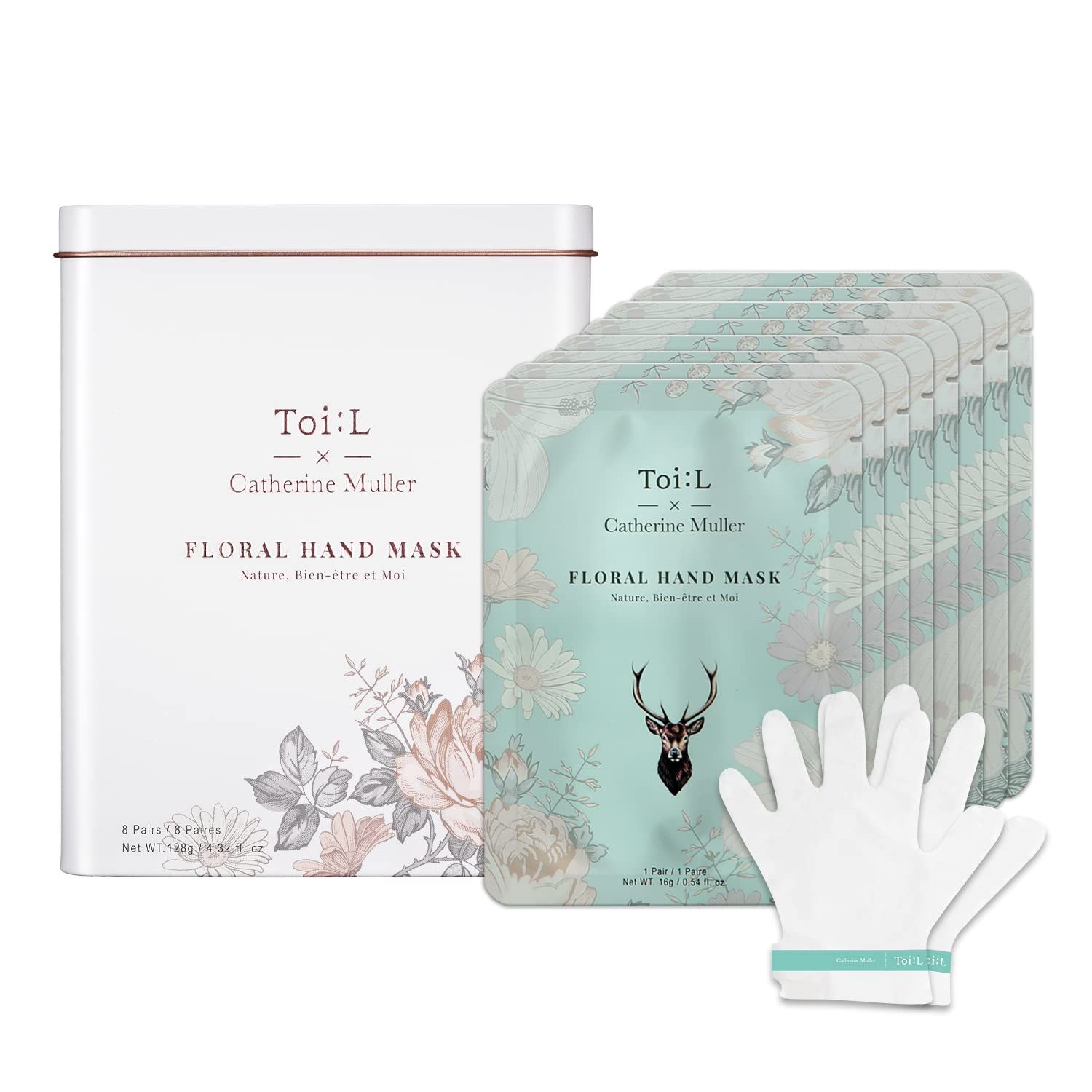 Catherine Muller Floral Hand Mask 8 Pairs, Stocking Stuffer, Moisturizing Gloves for Dry Hands with Elder Flower &amp; CICA, Repairing and Nourishing Hand Care Treatment for Cracked, Rough, and Dry Skin