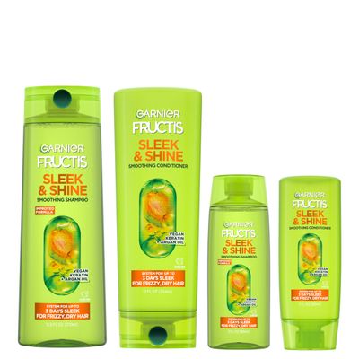 Garnier Fructis Sleek &amp; Shine Full + Travel Size Shampoo (12.5 &amp; 3 Fl Oz) + Conditioner (12 &amp; 3 Fl Oz) Set for Frizzy, Dry Hair, Plant Keratin + Argan Oil (4 Items), 1 Kit (Packaging May Vary)