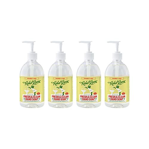 Rebel Green Liquid Hand Soap - Moisturizing Natural Bathroom &amp; Kitchen Liquid Soap - Gentle Household Hand Wash (Peppermint and Lemon, 16.90 Fl Oz (Pack of 4))