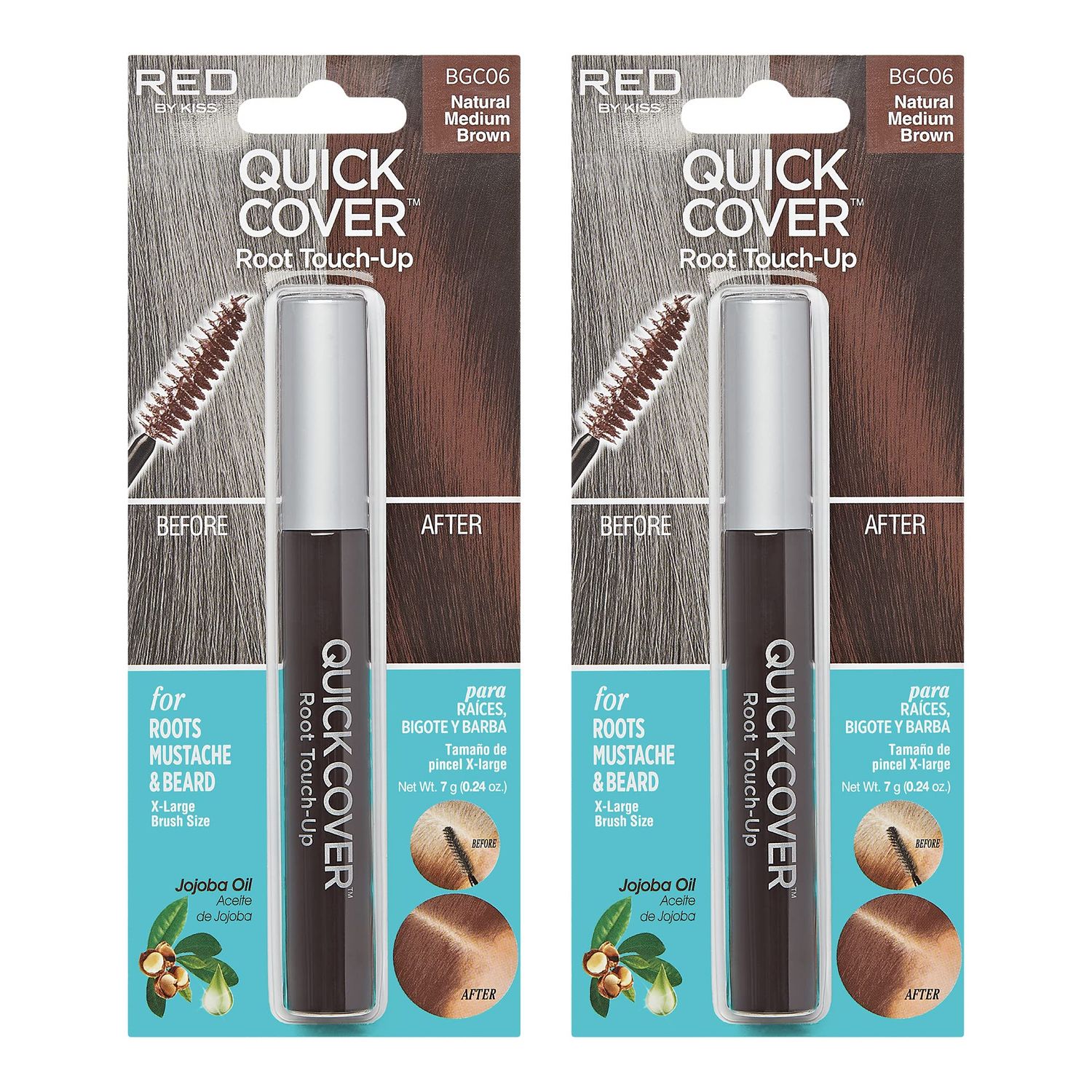 RED by Kiss Quick Cover Root Touch Up Mascara 2PCS Water-Resistant Temporary Gray Concealer Cover Up Brush for Hair and Beard (Natural Medium Brown)