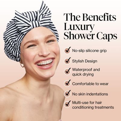 Kitsch Luxury Shower Caps for Women Reusable Waterproof - Large Shower Cap for Women and Men, Non-slip, Quick-dry Hair Cap for Long &amp; Short Hair, Comfortable and Stylish Design - Stripe