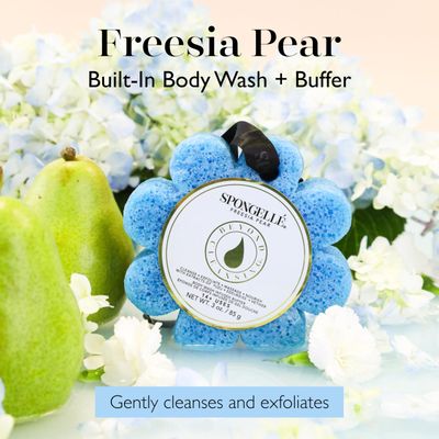 Spongelle Freesia Pear Wild Flower Buffer Body Scrubber | Bath &amp; Shower Loofah for Women | Exfoliator with Body Wash Infused Sponge | 14+ uses