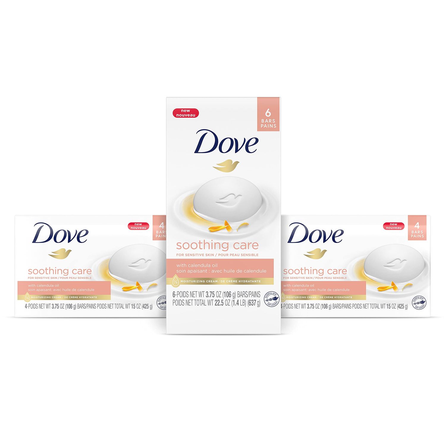 Dove Moisturizing Beauty Bar Soap For Sensitive Skin with Calendula Oil Effectively Washes Away Bacteria, Hydrating and Replenishing Skin Care 3.75 oz 14 Bars