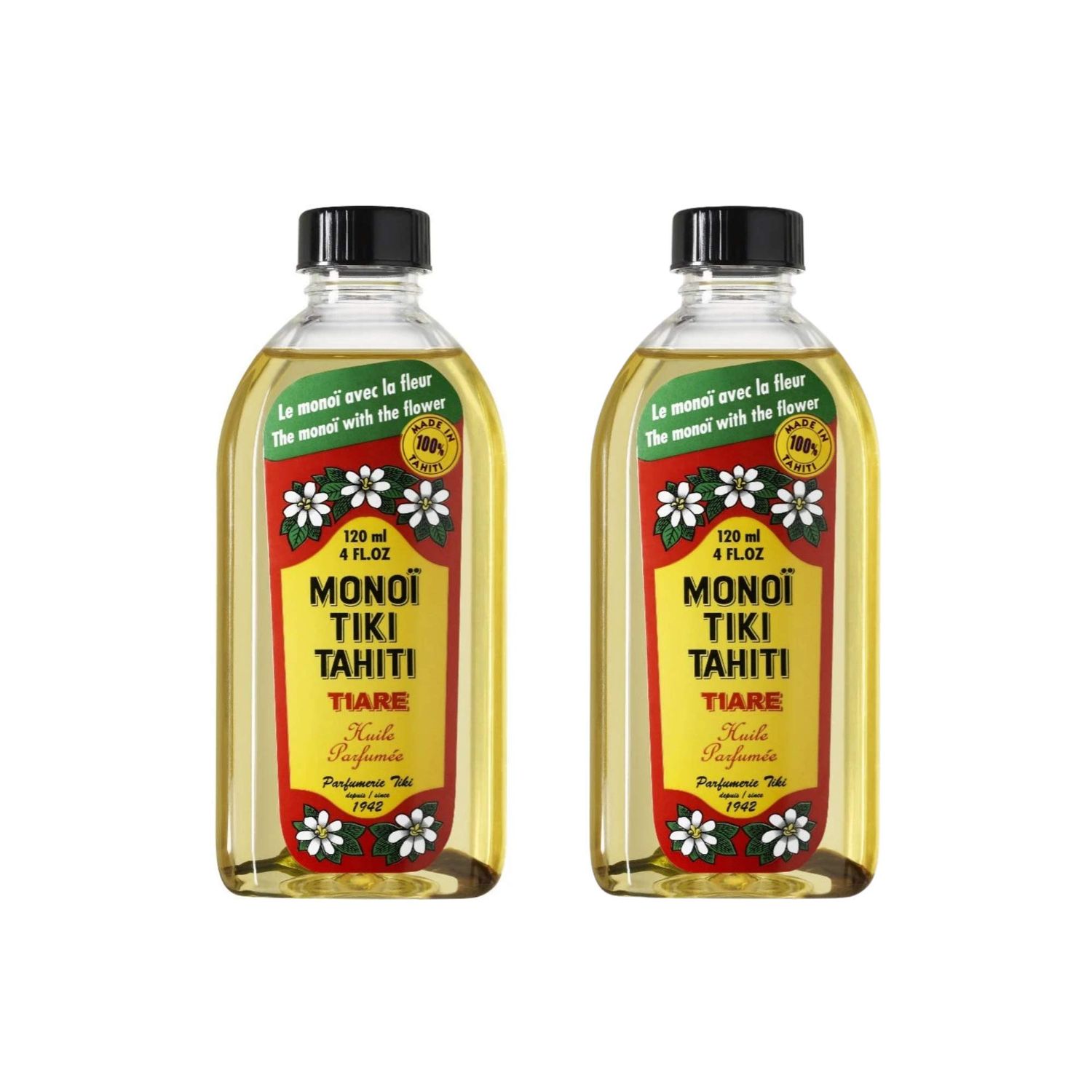 Monoi Tiki Tahiti - Tiare Coconut Oil - Original Tahitian Gardenia Fragrance - For Hydrated Skin and Hair - 4 fl. oz. (Pack of 2)