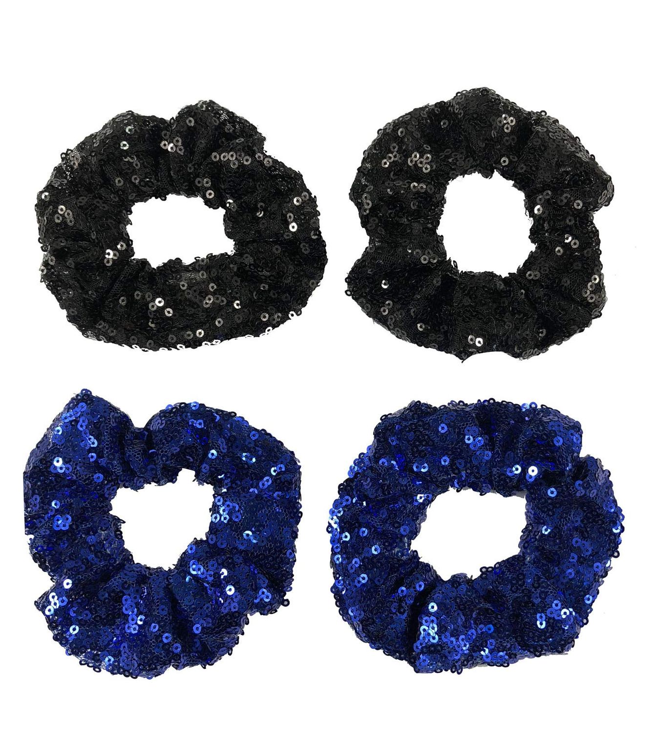 4 Pcs Sequin Hair Scrunchie Hair Bobbles Metallic Elastics Ponytail Holders Hair Wrist Ties Bands Cloth Scrunchies for Show Gym Dance Party Club Girl Women (Black+Blue)