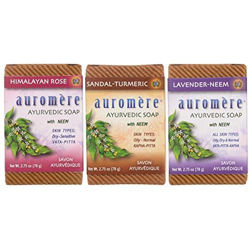 Auromere Ayurvedic Soap Variety Pack - 3 x 2.75oz Natural Soap Bars - Handmade Vegan Soap with Ayurvedic Herbs &amp; Organic Neem