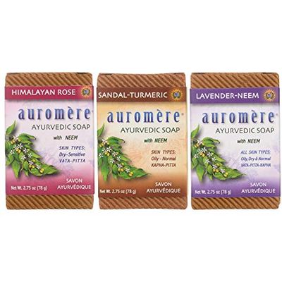 Auromere Ayurvedic Soap Variety Pack - 3 x 2.75oz Natural Soap Bars - Handmade Vegan Soap with Ayurvedic Herbs &amp; Organic Neem