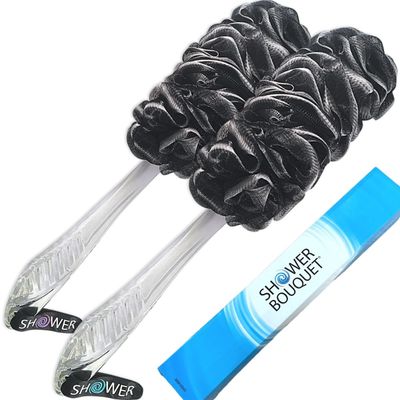 SHOWER BOUQUET Loofah-Charcoal Back-Scrubber 2-Pack // Long-Handle Bath-Sponge Brush/Extra Large Soft Mesh Loofa-Lufa-Loufa for Men &amp; Women - Exfoliate with Full Pure Cleanse in Bathing Accessories