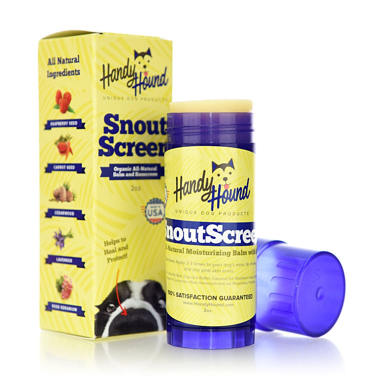 Handy Hound SnoutScreen - All-Natural Moisturizing Dog Nose Balm &amp; Paw Balm for Cracked, Dry Noses - Vet Recommended made in the USA - Dog Sunscreen, Protects Against Harmful UVB/UVC Rays - 2 oz