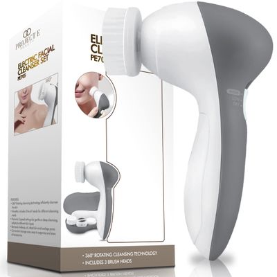 Project E Beauty Portable Electric Facial Brush 360 Rotating Face Cleanser Travel Cleansing Brush Set with 3 Exfoliating Brush Heads for Men &amp; Women Use