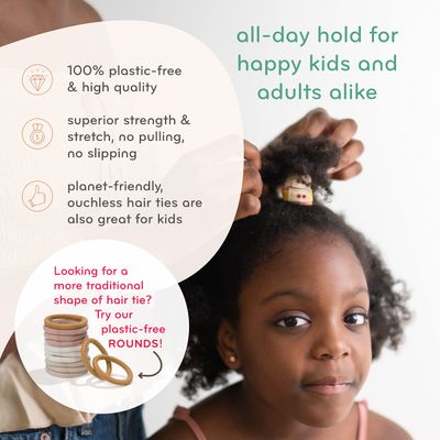 KOOSHOO Plastic-Free Flat Hair Accessories - Organic Cotton Ties for Thick Hair, Girls, Toddlers &amp; Babies. No-Damage Plant-Based Ties. 5ct