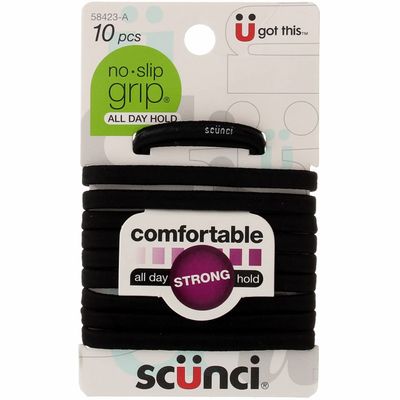 Scunci All Day Hold No-Slip Grip Black Elastics, 10 Count (Pack of 2)