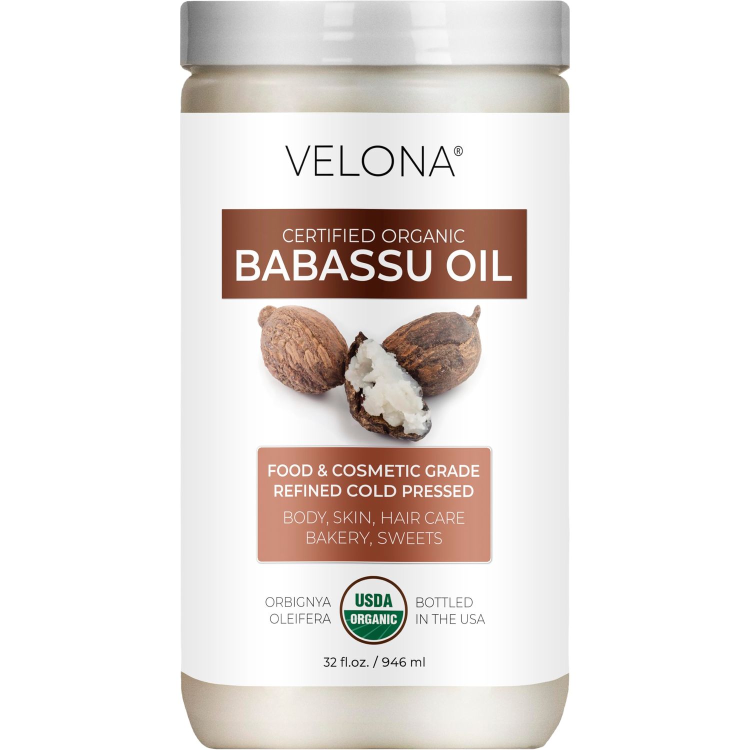 velona Babassu Oil USDA Certified Organic - 32 Fl Oz | 100% Pure and Natural Carrier Oil | Refined, Cold Pressed | Face, Hair, Body &amp; Skin Care and Cooking | Use Today - Enjoy Results