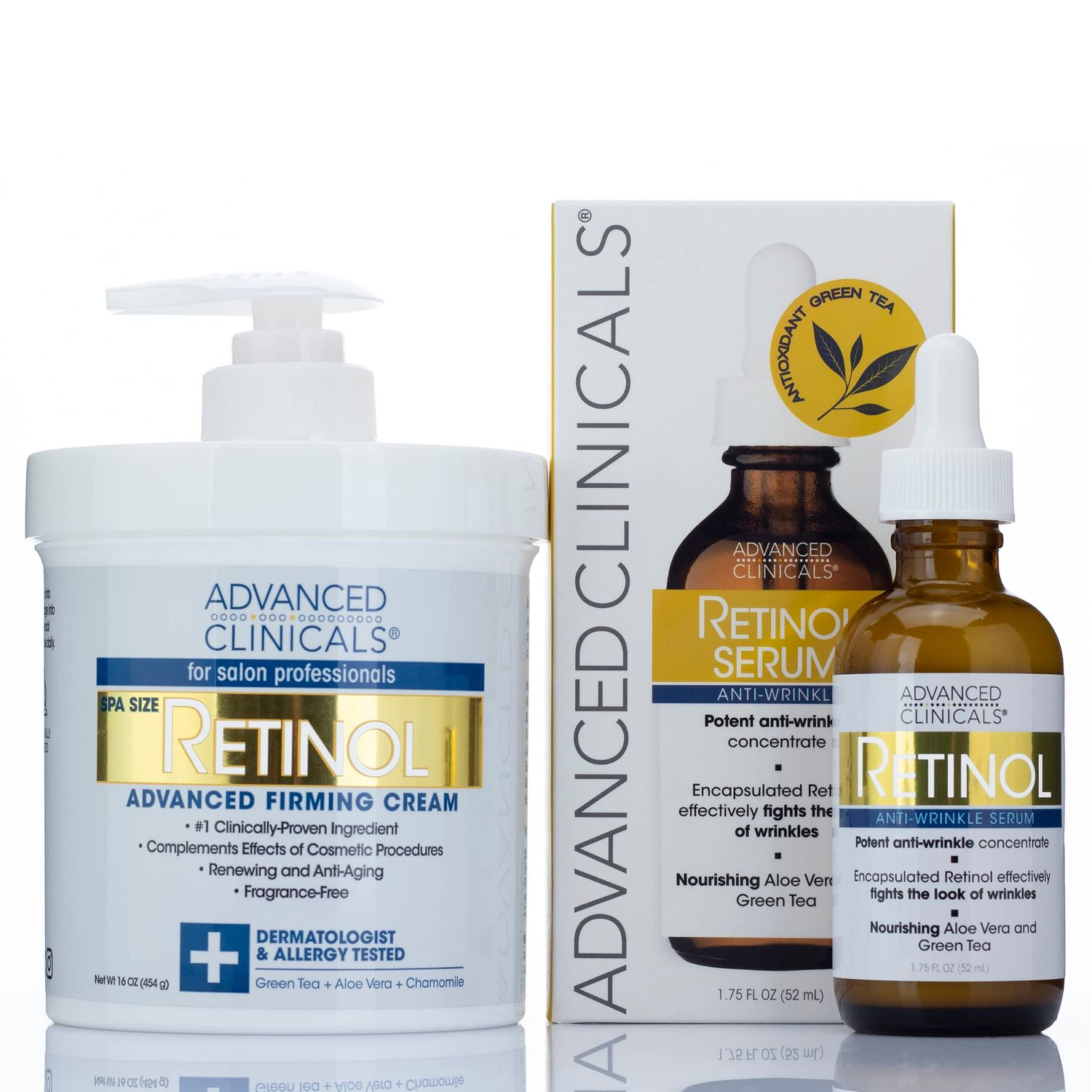 Advanced Clinicals Retinol Body Cream + Retinol Serum 2PC Bundle | Crepey Skin Care Treatment | Face Serum &amp; Body Cream Firming Skincare Set &amp; Kits For Wrinkles, Fine Lines, &amp; Sagging Skin, 2pc Set