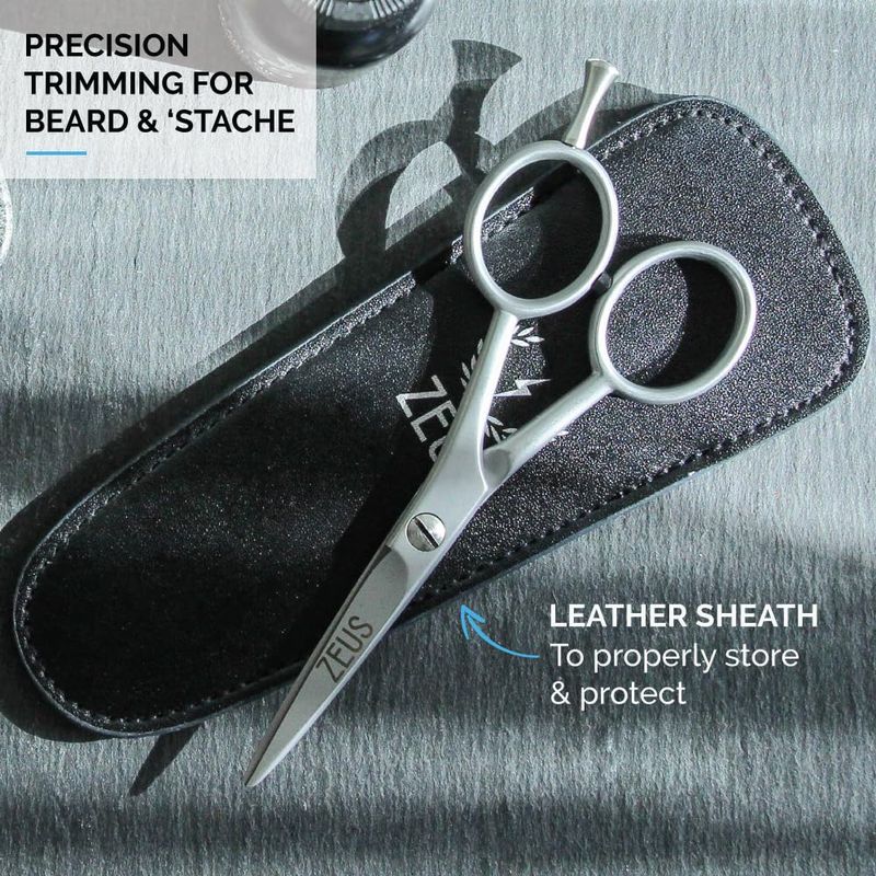 ZEUS Stainless Steel Beard Trimming Scissors with Leather Case, Facial Hair Clipping Tool for Barber Quality Beard &amp; Mustache Trim (Made In Germany)